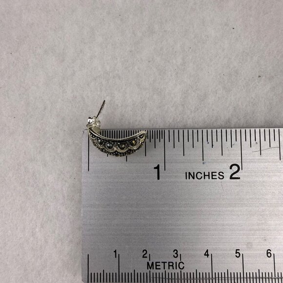 Vintage 925 Sterling Silver Womens Black Marcasite Textured Hoop Earrings - Picture 5 of 5